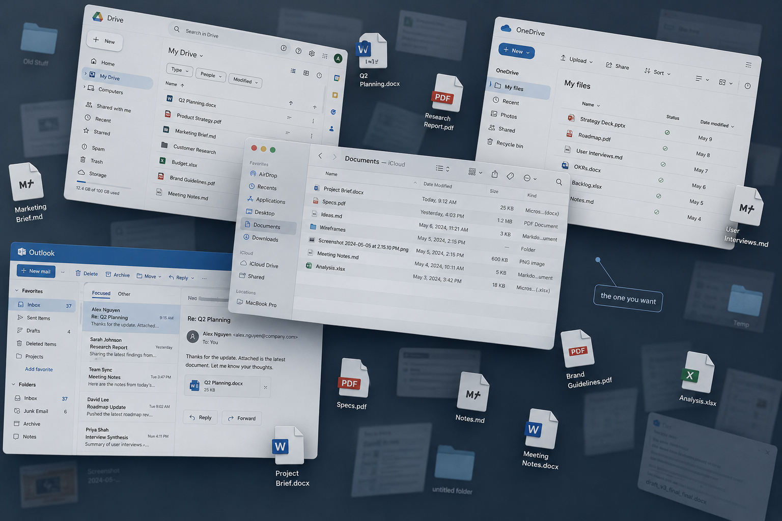 A chaotic stack of Google Drive, OneDrive, Outlook, and Finder windows with document icons drifting between them.