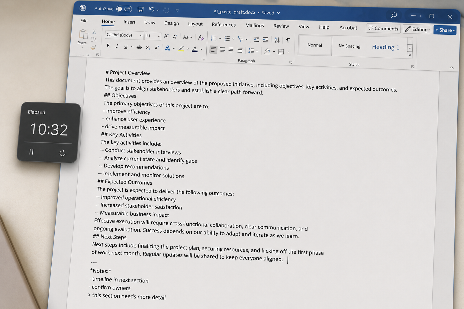 A Microsoft Word document showing a pasted draft where headings have collapsed into plain text and bullets degraded into runs of double hyphens, with a 10:32 elapsed timer overlay.
