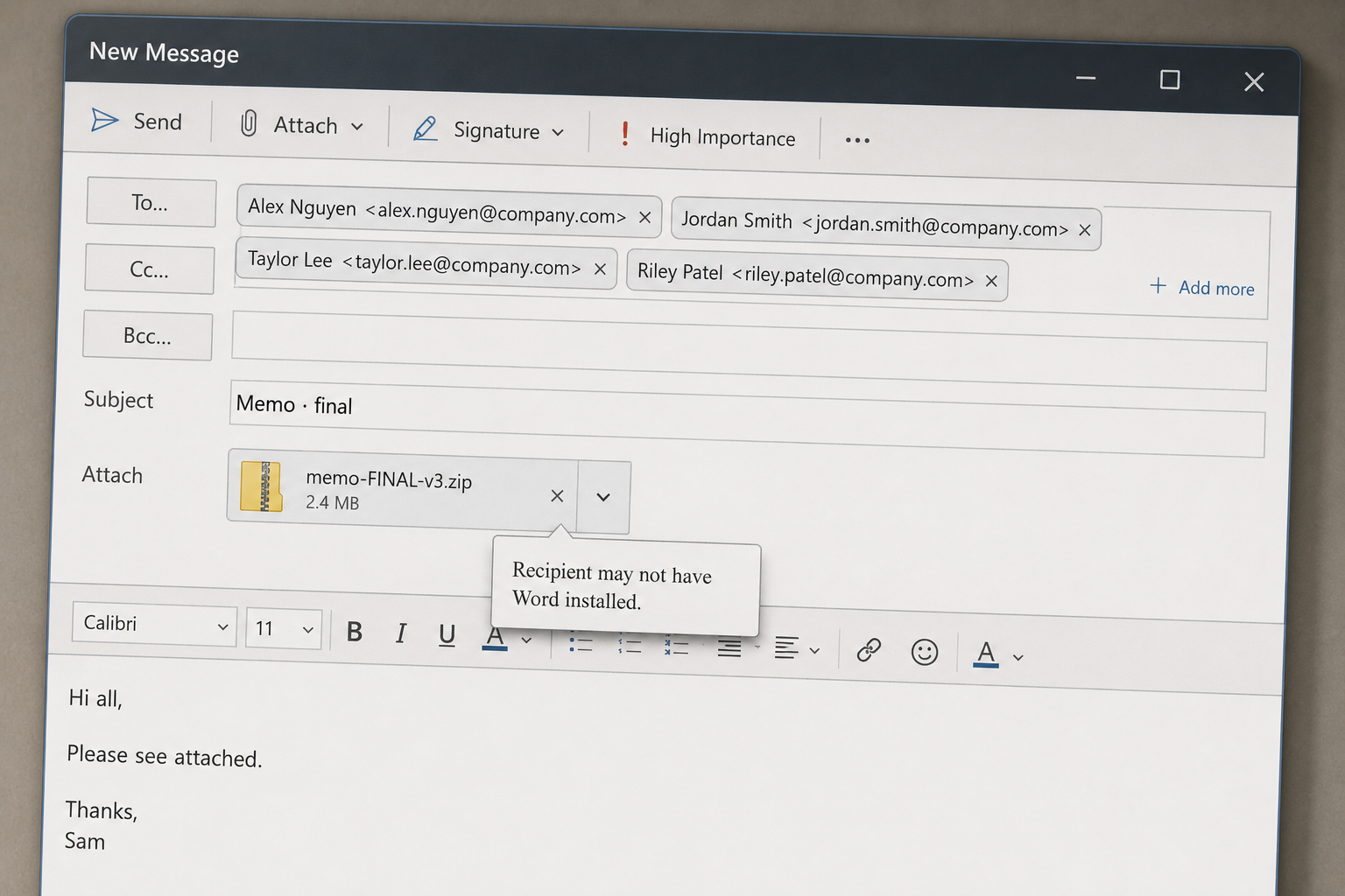 An email compose window with four recipients and a memo-FINAL-v3.zip attachment, with a tooltip warning recipients may not have Word installed.