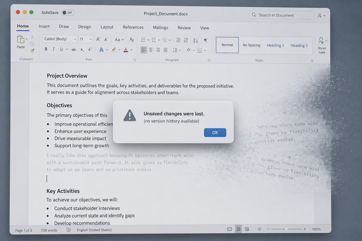 A Microsoft Word document dissolving into ghostly text fragments, with a Unsaved changes were lost dialog open and no version history available.